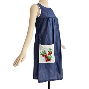 Vintage DEADSTOCK 1960s Dress Shift Dusty Blue Empire Waist Strawberry Print NWT